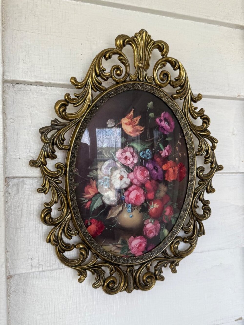 Vintage 60s Hollywood Regency Italian Metal Frame Convex Glass Floral Print